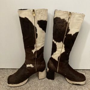 Vintage Platform Brown Cow Print Knee High Boots